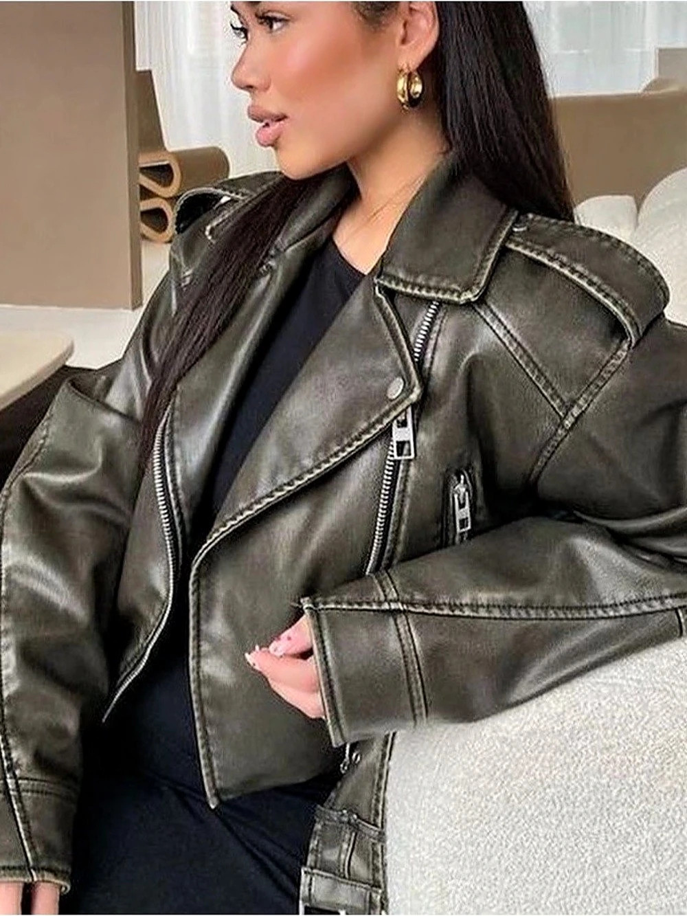 Zara Green Cropped Distressed Faux Leather Biker Jacket